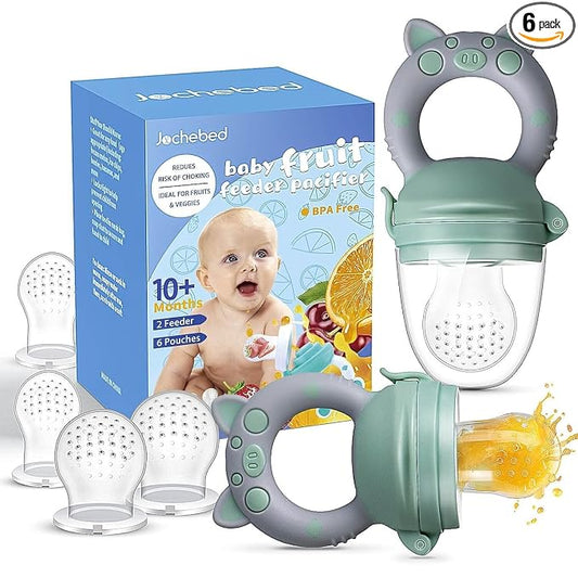 Baby Fruit Food Feeder Pacifier, Green & Gray, 2-Pack | Fresh Teething Pacifiers, 6 Pcs Silicone Pouches, For 3-24 Months, Piggy Handle