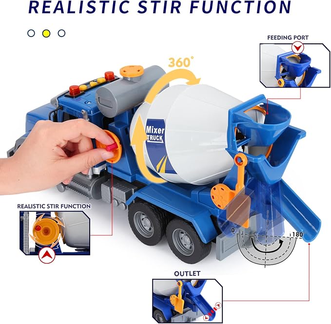 haomsj Big Cement Mixer Toy Truck with Lights Sounds and Working Parts, Friction Powered Push & Go Construction Vehicles for Toddlers Boys and Girls (Big Mixer Car)