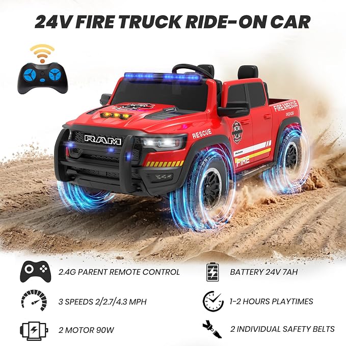 24V Ride On Fire Truck with Remote Control, 2 Seater RAM 1500 Electric Fire Engine for Kids, LED Lights, Siren & Megaphone, Slow Start, 3 Speeds, Spring Suspension, Battery Powered Ride On Car