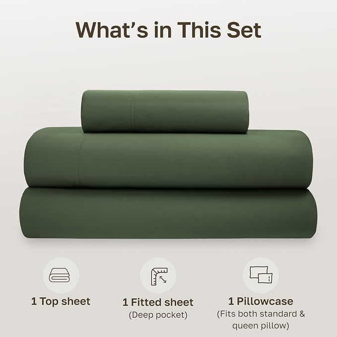 California Design Den Soft 100% Cotton Percale Sheets Twin Size Bed Set with Deep Pockets - Crisp, Breathable and Durable Cotton Bedding Set - Olive Green