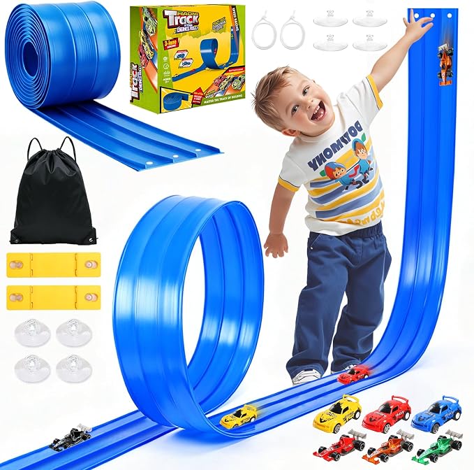 20 Ft Flexible Race Track Toys, 3-Lane Flex Race Car Ramp Track with 6 Race Cars & Suction Cups Rolls Up Portable DIY Race Track Anti Gravity Car Track Set,Kids Racecar Track Toy(Blue)