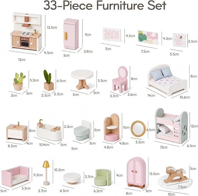 Giant bean 33PCS Wooden Dollhouse Furniture Set for Kids, Modern Pink Doll House Furniture Accessories with Bedroom, Nursery, Kitchen, Bathroom,Living Room, Montessori Pretend Play Toys for Girls 3+