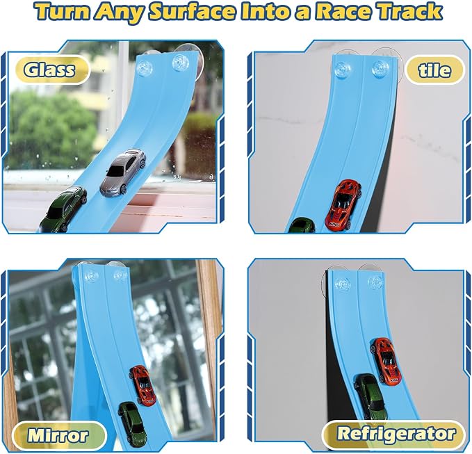 Flexible Race Track for Kids Flexible Car Track 15Ft Race Track Compatible with Diecast 1/64th Cars, Flex Tracks Roll Up Car Ramp Toy with Strong Suction Cups