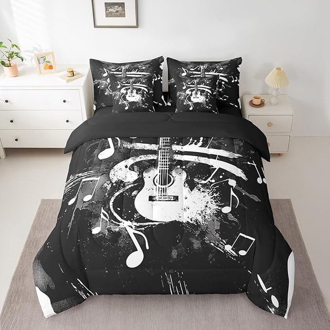 Feelyou Guitar Comforter Set with Sheets King Size Rock Music Bed in a Bag for Boys Girls Teens Black 7 Pieces Bedding Set Soft Lightweight Microfiber