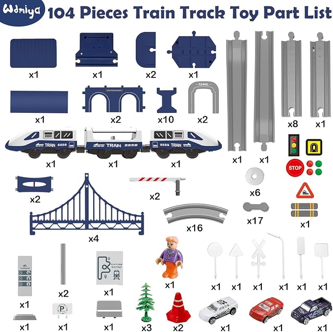 Wdmiya Train Sets for Boys 4-7, 104 Pcs Battery Operated Train Set with Tracks(Magnetic Connection), Compatible with Thomas, Brio, Chuggington, Gifts for 3 4 5 6 Years Old (City Blue 104 Pcs)