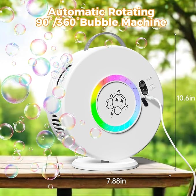 Bubble Machine Automatic LED Lights Bubble Blower for Kids Portable Bubble Maker Auto Rotating 90°/360° Outdoor Toy for Easter and Birthday Gift Party Wedding (Led White)
