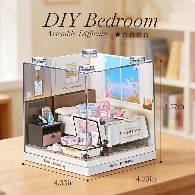 Miniature Cozy Bedroom DIY Kit with Acrylic Display Case – Homestay Dollhouse Room Craft Set, Tool-Free Mini House for Teens, Adults & Beginners