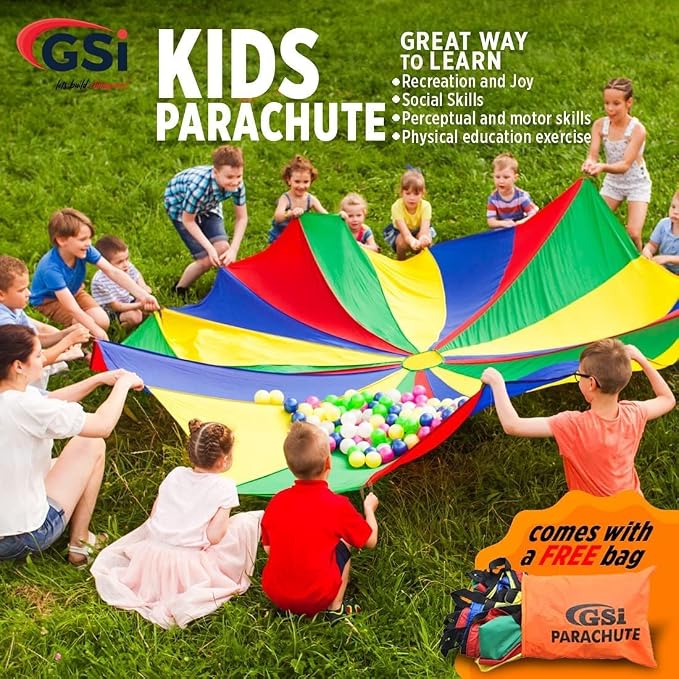 GSi Kids Play Parachute Rainbow Parachute Toy Tent Game for Children Gymnastics Cooperative Play and Outdoor Playground Activities (30 Feet)