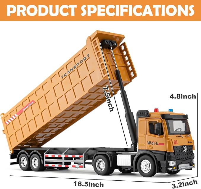 HAPYAD Dump Truck Toy Metal Cab, Big Trucks for Toddlers Boys 3-5, 16.5" | Large Semi Truck, Lights and Sounds, Friction Powered, Trucks for Toddlers 1-3 Boys, Diecast Construction Toys