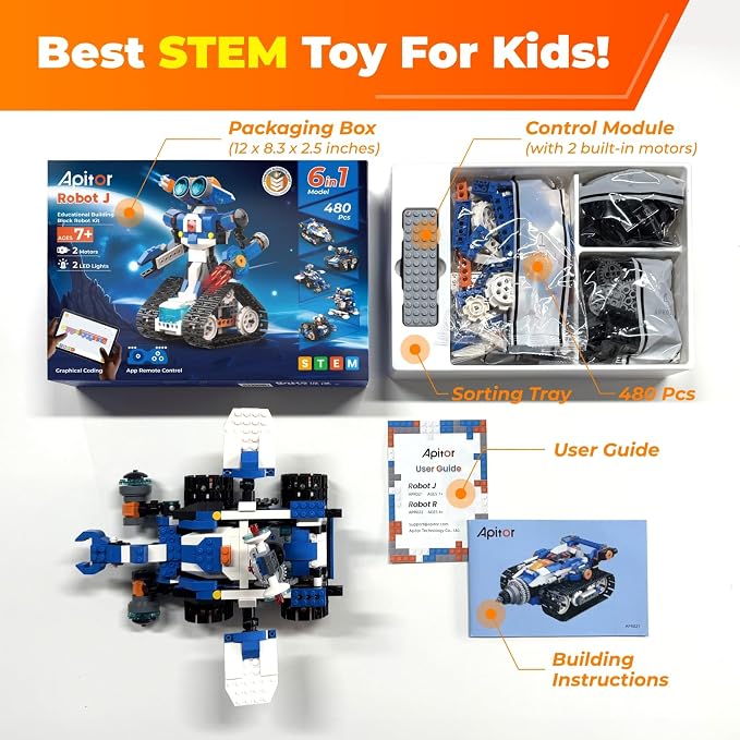 Apitor Robot J Creative Building Kit With Storage Box, 6-in-1 Programmable App Remote Control Tank STEM Learning Toy, Educational Coding Gifts for 7-12 Years Old Kids
