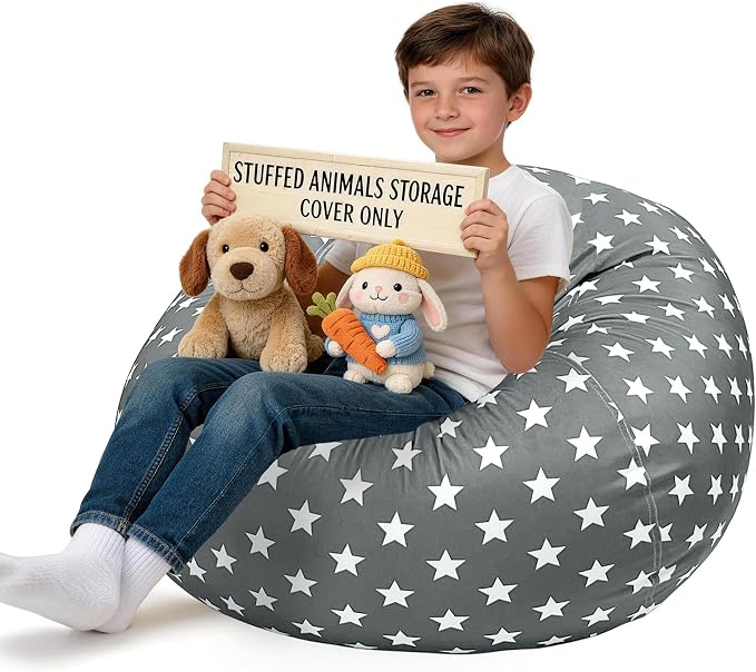 Lukeight Stuffed Animals Storage Bean Bag Chair Cover for Kids, Cozy Velvet Plush Toy Organizer Seat, Cover Only, No Filling Included, Long YKK Zipper, Side Pocket, X-Large 30 x 18 in