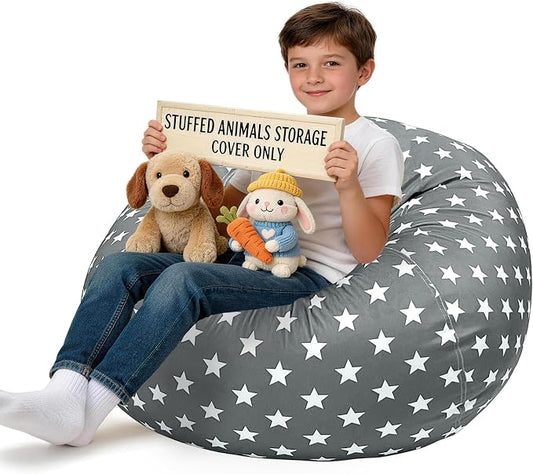 Lukeight Stuffed Animals Storage Bean Bag Chair Cover for Kids, Cozy Velvet Plush Toy Organizer Seat, Cover Only, No Filling Included, Long YKK Zipper, Side Pocket, X-Large 30 x 18 in
