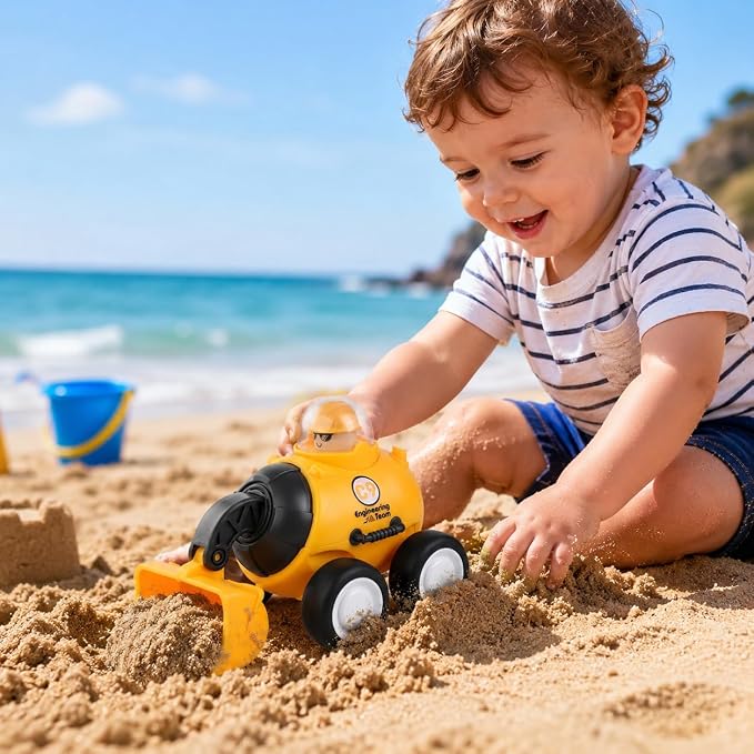 Press and Go Construction Truck Toys, 4 Pack Vehicles for Toddlers | Includes 4 yellow construction vehicles; movable front arm; for sandbox, floor play, and gift moments.