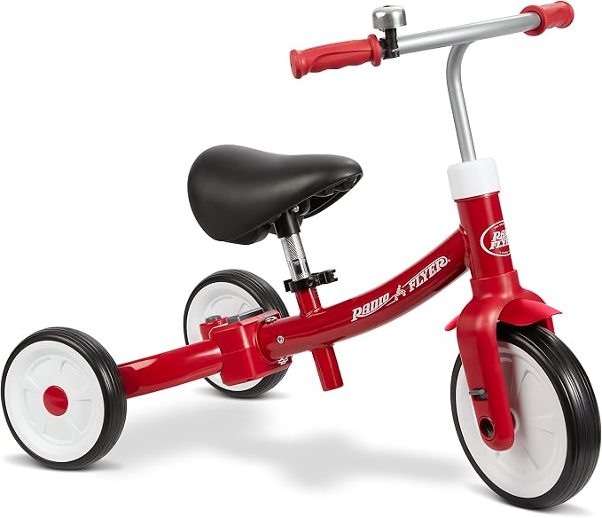 Radio Flyer Triple Play Trike, For Ages 1-3, 3-in-1 Ride-On, Tricycle or Balance Bike, Tool-Free Transformation, Adjustable Padded Seat, Pedal Storage, Ringing Bell, Steel Frame, Tricycle for Toddlers