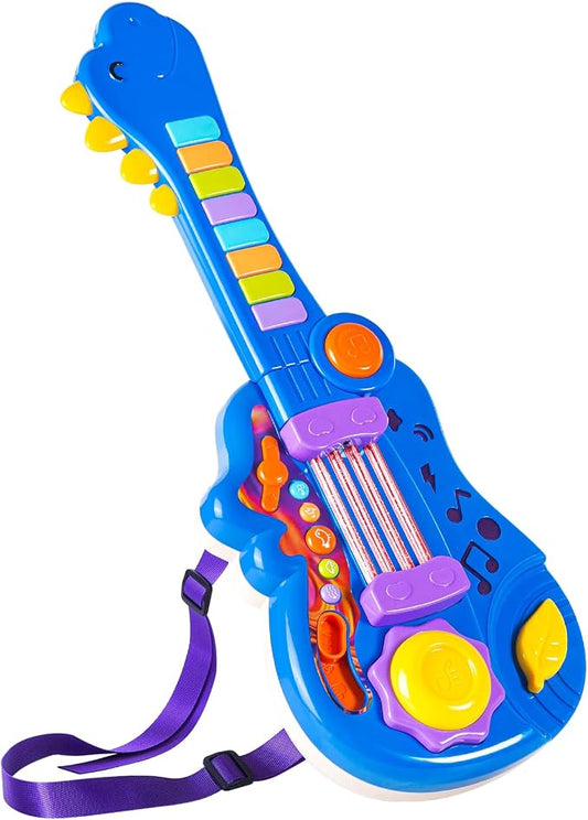 Dinosaur Kids Guitar 2-in-1 Musical Instruments for 3 4 5 Year Old Boys Girls Gifts, Toddler Electric Guitar Piano Toy with Strap & Dino Design (Blue)