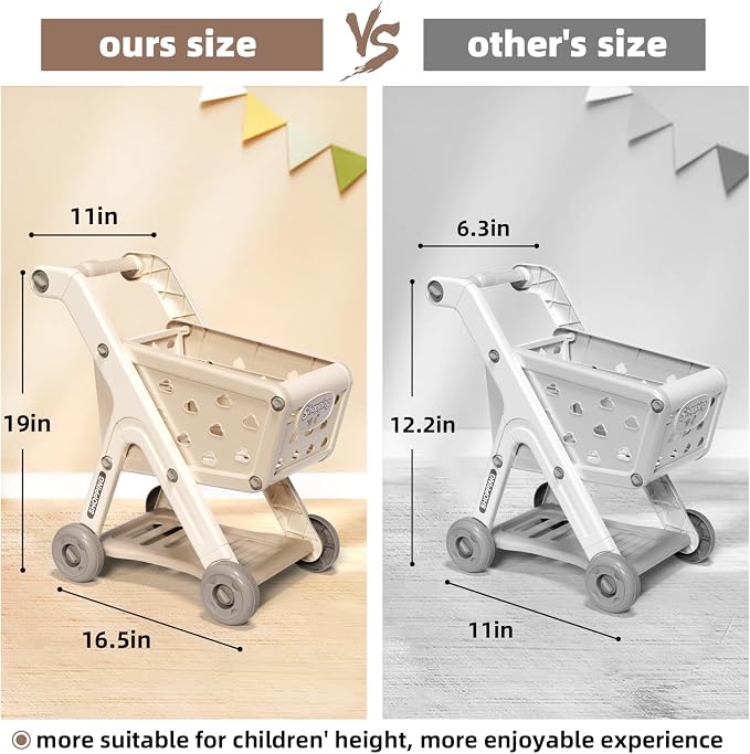 Jovow 102pcs Kids Shopping Cart Trolley Play Set with Pretend Food and Accessories,Perfect for Ages 3+ Pretend Play and Role-Playing Games（Khaki）