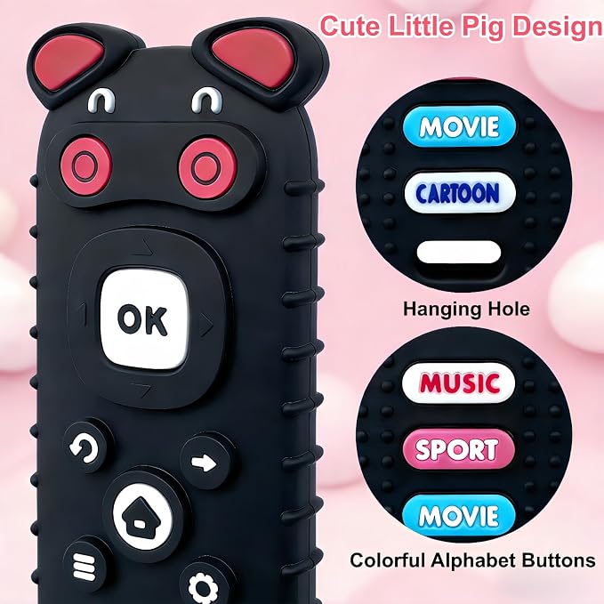 2Pcs Baby Teething Toys, BPA-Free Food Grade Silicone Baby Remote Control Teething Toy for 3-18 Months, Teething Relief Baby Toys, Teething Relief Newborn TV Remote Shaped Toy (Balck&Pig Black)