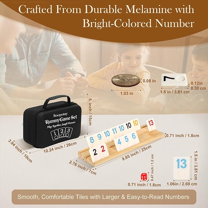2-6 Players Rummy Game Gifts for Men Women Father Mother, Rummy Game W/ 6 Wooden Racks, 160 Melamine Tiles, Drawstring Bag, Portable Case, Family Board Games for Adults & Kids Age 8+