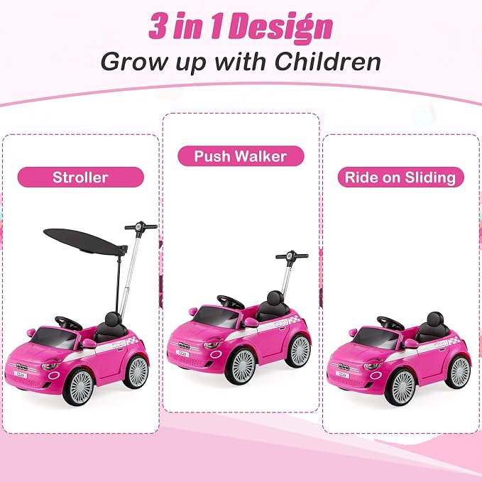 OLAKIDS Push Car for Toddlers, 3 in 1 Licensed Fiat 500e Baby Sliding Walking with Parent Control Handle Adjustable Canopy Footrest, Kids Ride on Toys with Horn for Boys Girls (Pink)