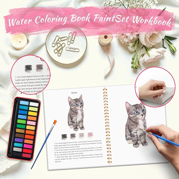 Watercolor Workbook - Coloring Book Beginner Friendly Painting Kit, Watercolor Workbooks for Adults, Exploration Gift for Adults Teens (Flowers-Animals, 24 Color Palette)