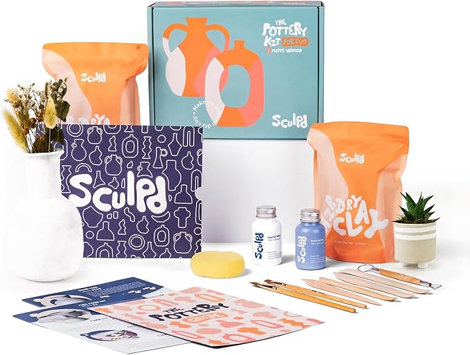 Sculpd - The Original Pottery Kit for Adults - Air Dry Clay for Adults, Tools, Varnish, Paints, Brushes, Couples Date Night Arts & Crafts Set, Gloss Varnish