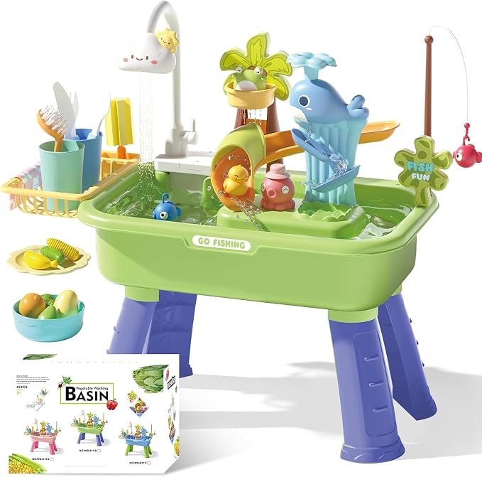 Sand and Water Table Toy for Toddlers 1.5+, 22 Pcs Accessories, 4L Large Capacity Basin, Fishing Game and Kitchen Sink Play, Outdoor Sensory Summer Gift for Kids, Spring-Green