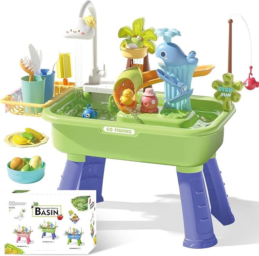 Sand and Water Table Toy for Toddlers 1.5+, 22 Pcs Accessories, 4L Large Capacity Basin, Fishing Game and Kitchen Sink Play, Outdoor Sensory Summer Gift for Kids, Spring-Green