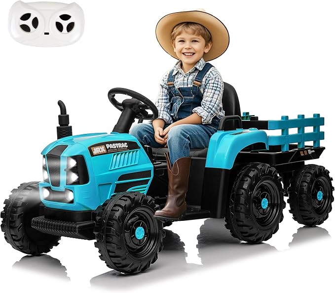 24V Ride on Tractor with Trailer, Electric Tractor Toy for Kids, 400W Toddler Ride On Toy W/Remote Control, Kid's Electric Car with 3 Speed Adjustable, MP3, Bluetooth, LED Light, Blue