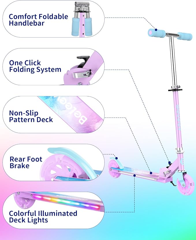 BELEEV V1 Scooters for Kids, 2 Wheel Folding Kick Scooter for Girls Boys, 3 Adjustable Height, Light Up Wheels, Lightweight Scooter with Sturdy Frame, Kickstand for Children 3 to 12 Years Old
