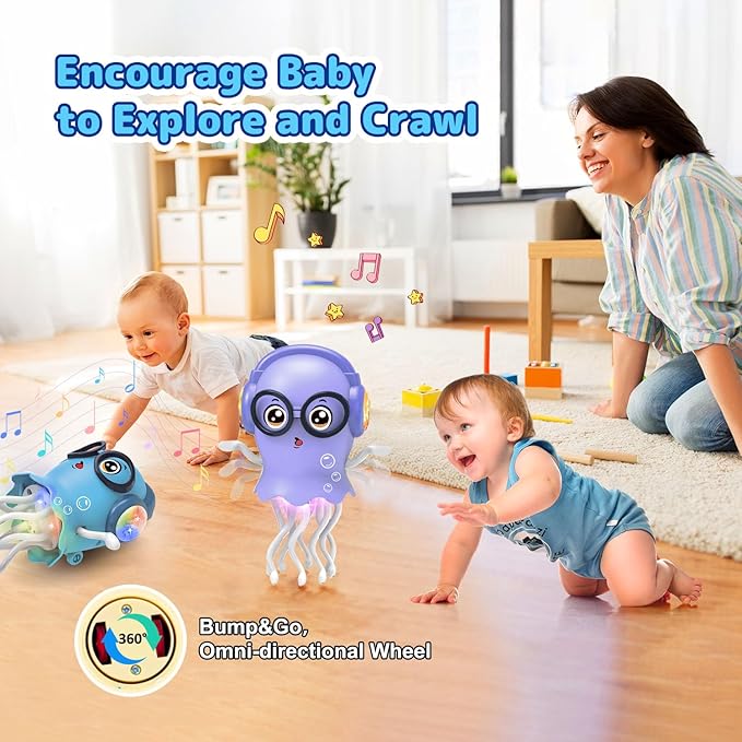Kids Toy Dancing Jellyfish, Interactive Crawling Jellyfish Bump and Go Toy with Music & Lights, Sensory Tummy Time Toys for Toddlers 3-12 Years, Kids Birthday Easter Gifts for Boys Grils