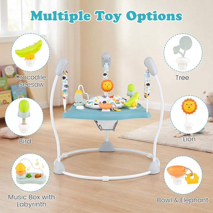 BABY JOY Baby Activity Center, Baby Jumpers and Bouncers with Music, 360° Rotating Seat, 3 Adjustable Heights, Montessori-Inspired Activity Center for Baby 7-15 Months (Baby Blue)