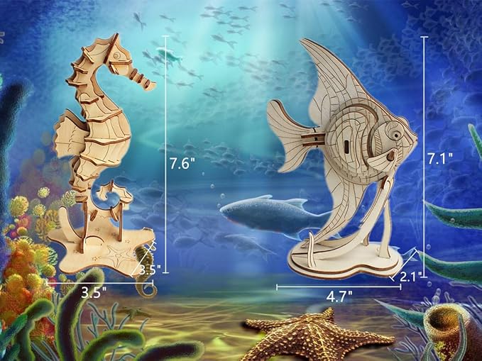 3D Wooden Sea Animal Puzzle - 6 Piece Set Wood Sea Animals Skeleton Assembly Model Kits - Wooden Crafts DIY Brain Teaser Puzzle - STEM Gifts for Adults & Teens Birthday Gifts Christmas