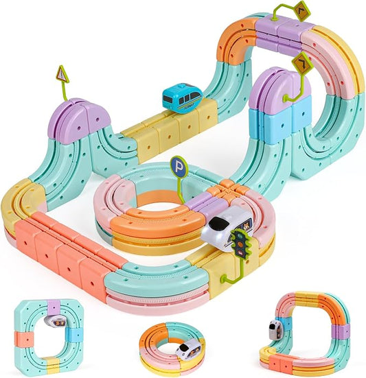 Hot Bee Electric Train Set for Kids, Gravity-Defying 3D Train Track Set with 93PCS Flexible Snap-On Tracks, USB Rechargeable Motorized Car, STEM Building Toy Birthday Gifts for Boys Girls 3 4 5 6 7 8+