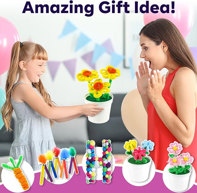 FUNZBO Arts and Crafts Supplies for Kids -Toddler Craft Kits with Glue Stick Pipe Cleaners Popsicle Stickers Construction Paper Pom Poms & Googly Eyes, Birthday Gifts for Girls Age 4+