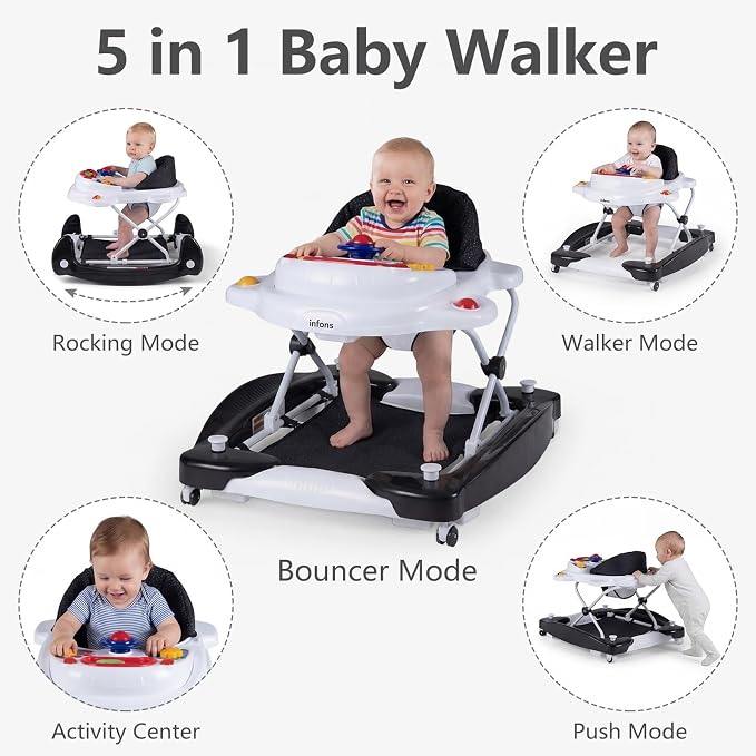 INFANS Baby Walker, 5 in 1 Behind Walker Learning Seated Rocker Bouncer with Removable Music Tray, Adjustable Height, Washable Seat Cushion, Foldable Activity Center for Toddlers (Dark)