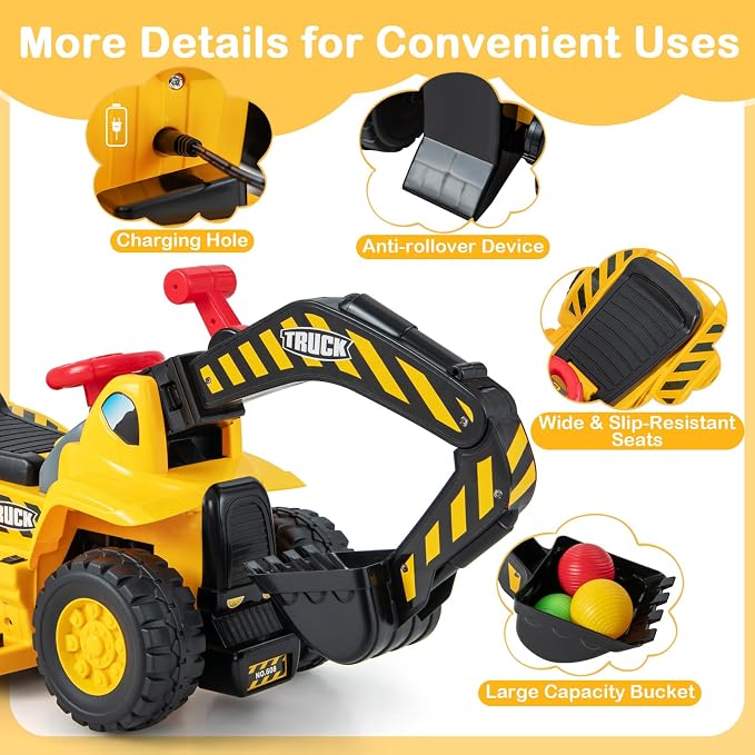 HONEY JOY Electric Ride on Push Car, Toddler Bulldozer Digger w/Balls & Basketball Hoop, Outdoor Digging Scoop, Flexible Bucket, 6V Ride on Excavator Construction Vehicle for Kids