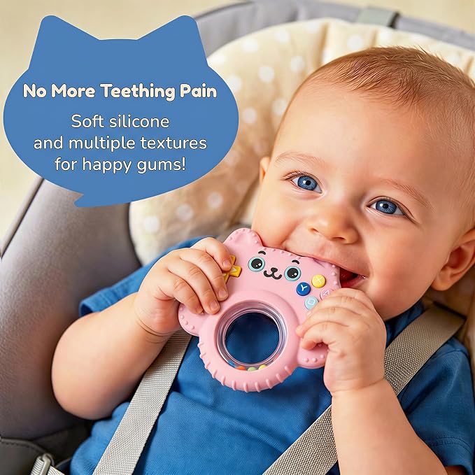 Baby Teether Toy Silicone Cat Teething Ring -Game Controller, Baby Rattle Toy Chew Sensory Toys for Babies Over 3 Months, Teething Relief for Newborn Infant Essentials 0-6 6-12 Months, BPA Free -Pink