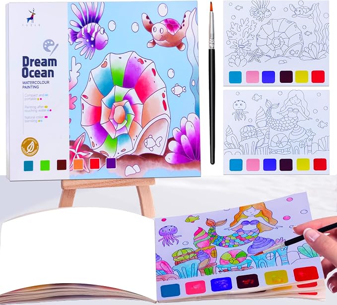 JUNQIU Watercolor Coloring Books for Kids Ages 4-8, Pocket Watercolor Painting Book for Toddlers, Arts and Crafts for Girls Gifts, Stocking Stuffers For Kids