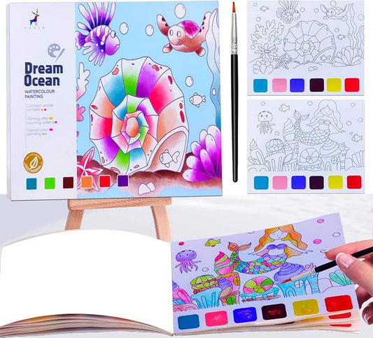 JUNQIU Watercolor Coloring Books for Kids Ages 4-8, Pocket Watercolor Painting Book for Toddlers, Arts and Crafts for Girls Gifts, Stocking Stuffers For Kids