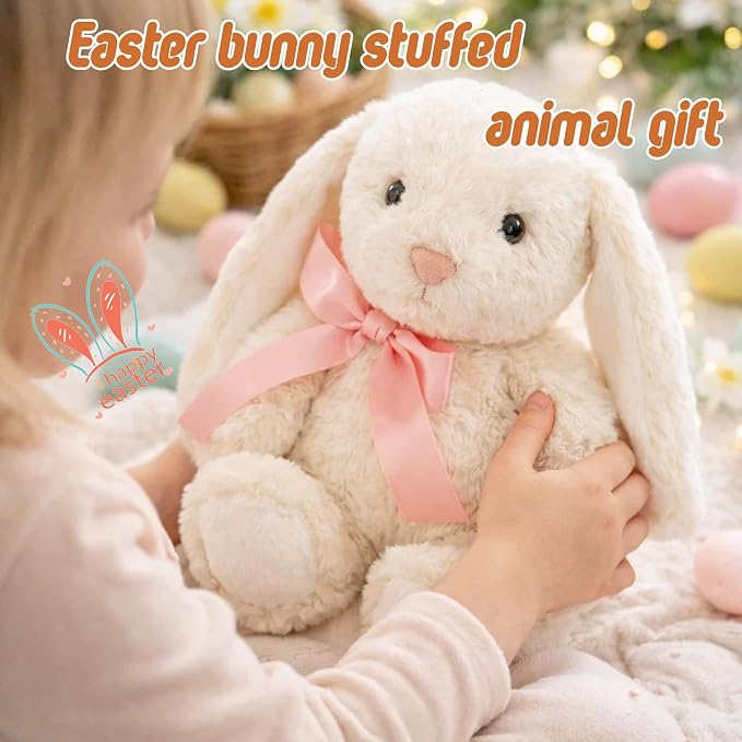 Cream Rabbit Plush Toy Pink Ribbon Bow Floppy Ears Stuffed Animal Easter Basket Stuffers Gifts for Baby Shower Newborn Infant Valentines Day Girlfriend Wife Wedding Love Beige 8 Inch 6.7 oz
