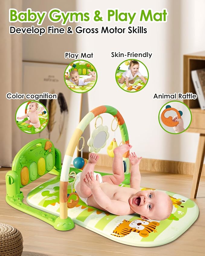dearlomum Baby Play Mat Gym, Funny Play Piano Tummy Time Activity Mat with 5 Infant Sensory Toys, Music and Lights, Boy & Girl Gifts for Newborns 0 to 3 6 9 12 Months (Green)