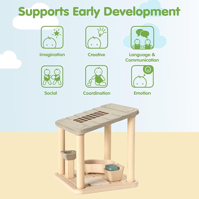 PlanToys® Wooden Dollhouse Bathroom Room Set | Bath, Toilet, Sink & Accessories Furniture Set | Open Ended Role Play Room for Dollhouse Expansion