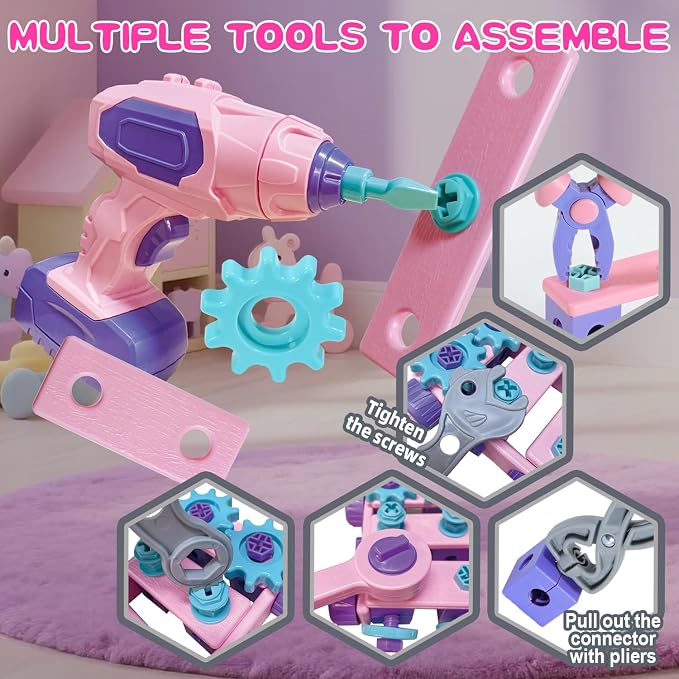 Design and Drill Toy - Toddler Tool Set with Drill & Toolbox, Create And Design Drill Kit Stem Toys for Kids Ages 3-6, Toddler Building Educational Construction Toy for 3-6 Year Old Girl (PINK)