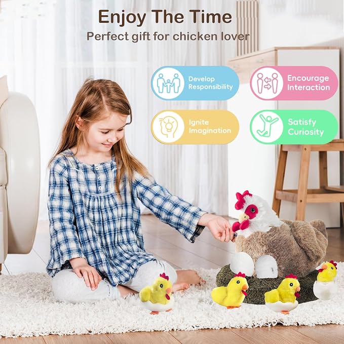 9 in 1 Chicken Stuffed Animal, Stuffed Chicken Toys for Kids Zippered Egg Laying Hen Chicken Plush with Baby Chicks, Eggs and Coop for Christmas Birthday Gifts Farm Party Decors
