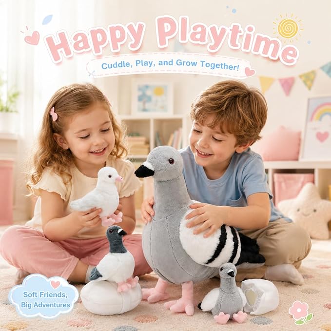 Tezituor 6-Piece Pigeon Stuffed Animal Set,Realistic Pigeon Plush Toy with 3 Baby Birds and Eggs,Soft Cuddly Dove Bird Plushie for Kids Girls Boys,Easter Valentine’s Day Christmas Birthday Gift, Grey