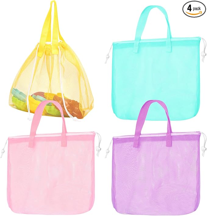 Paterr 4 Pcs Mesh Beach Tote Bag Seashell Bags Foldable Large Beach Toy Organizer with Drawstring, Pool Gym Swimming Camping Accessories Lightweight Foldable Birthday Gifts (4 Colors)