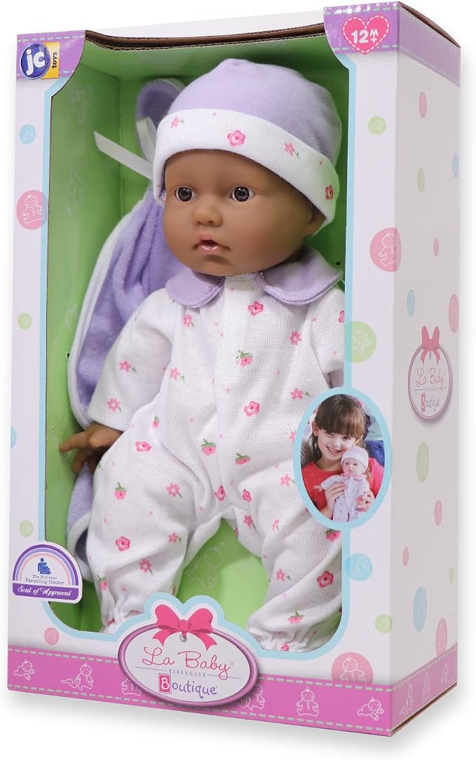 JC Toys La Baby Hispanic Baby Doll Set – 11 Inch Soft Body Doll with Accessories Including a Removable Purple Outfit – Small Baby Doll Toy for Children 12 Months and Older