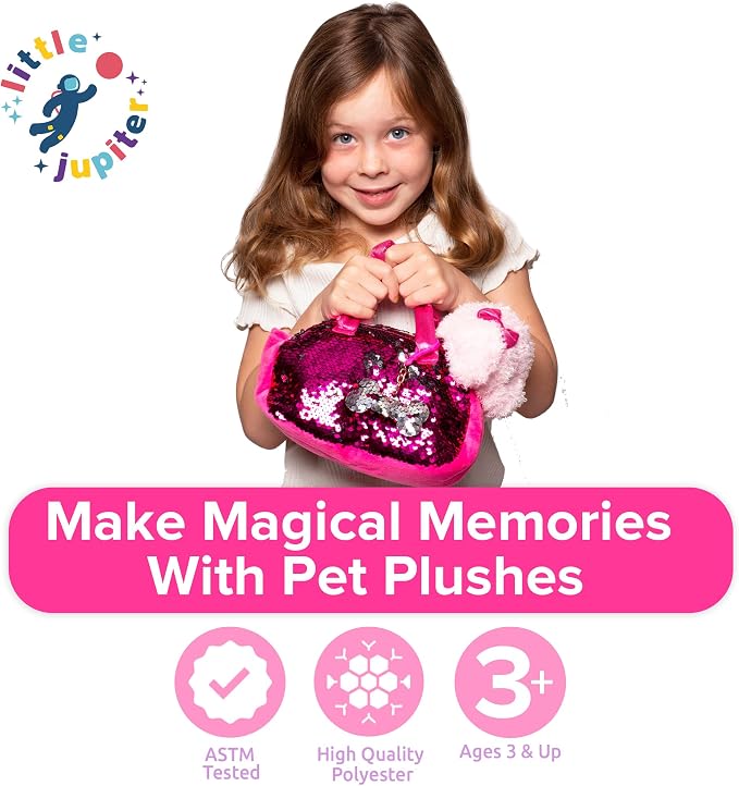 Little Jupiter Pet Plush Set with Purse w/Reversible Sequins & Charm - Stuffed Animal Toy for Kids Ages 4-5 - 6-7 - Stuffed Animal Purse - Stuffed Animals for Girls - (Pink Labradoodle)