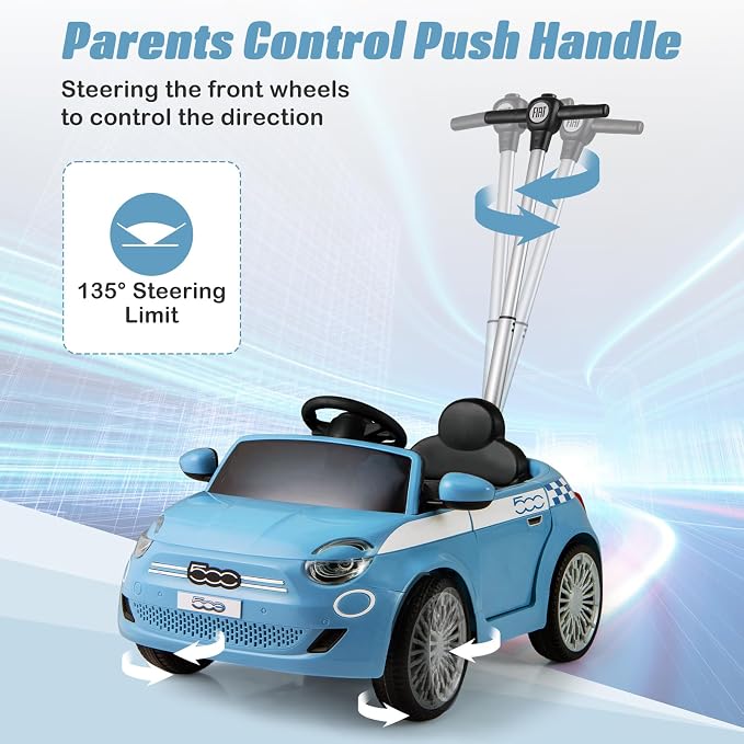 OLAKIDS Push Car for Toddlers, 3 in 1 Licensed Fiat 500e Baby Sliding Walking with Parent Control Handle Adjustable Canopy Footrest, Kids Ride on Toys with Horn for Boys Girls (Blue)