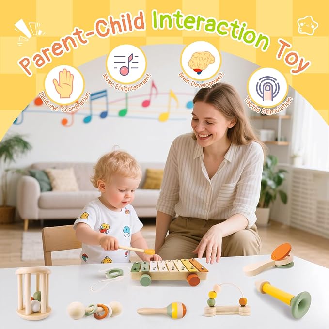 Wooden Musical Instruments for Toddlers 2+ Year Old Montessori Xylophone Maracas Clapper Rattles Trumpet Baby Musical Toys with Storage Bag Gifts for Boys Girls